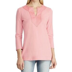 Lauren Ralph Lauren Tunic Top Womens 2X Pink Split Neck Linen Trim Long Sleeve‎